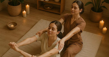 Therapist guiding a client through a partner-assisted stretching session on a massage table