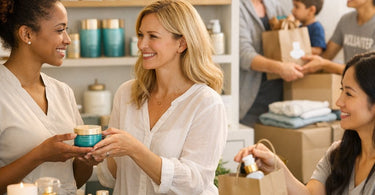 Spa professional smiling while holding product, with client relaxed in background, representing the positive impact of buy-one-give-one partnerships