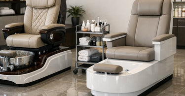 A sleek, modern pipeless pedicure chair in a bright, clean salon, with a focus on the comfortable seating and stylish basin, illustrating the key points of a pedicure chair buying guide.