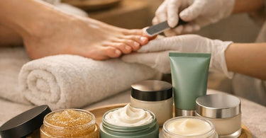 Three glass bowls holding a pink sugar scrub, a creamy white hydrating mask, and a rich yellow foot balm arranged on a spa table with flowers and towels for a pedicure upgrade comparison.