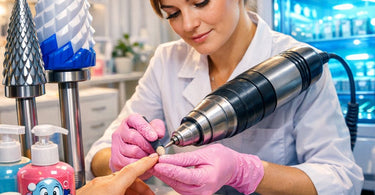 Close-up of a nail technician performing a precise Russian manicure using an electric file on a client's fingernail in a clean, professional salon setting.