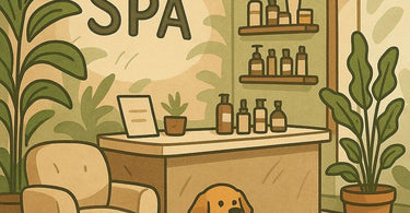 A well-groomed small dog sitting calmly on a plush spa towel in a serene salon setting
