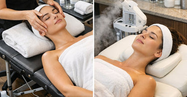 Comparison of a lightweight portable facial bed folded next to a luxurious heavy-duty stationary spa bed in a professional treatment room setting.