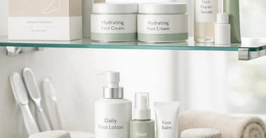 Post-Pedicure Retail Display Featuring Cracked Heel Kits and Daily Foot Care Plans on a Spa Counter