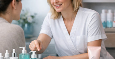 A serene display of post-peel aftercare products on a marble surface, including a gentle cleanser, hydrating serum, rich moisturizer, and mineral sunscreen, symbolizing essential skin recovery.