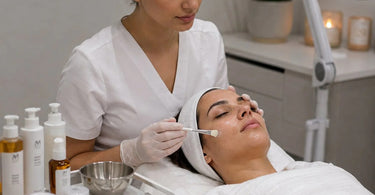 Preventing product pilling during professional layered facials with skincare products and spatula on treatment table