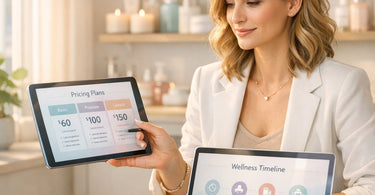 A smiling spa owner in a white coat confidently explaining a new price list to a happy client in a bright, modern salon, illustrating a smooth price increase conversation.