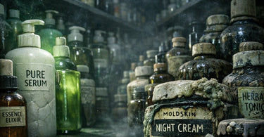 Close-up of a spa professional's hand discarding an expired product jar into a trash bin, with organized shelves of fresh beauty supplies in the background