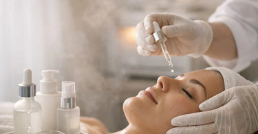 A serene spa setup featuring professional post-peel and post-laser care products, including soothing serums, rich creams, and a gentle cleanser, arranged neatly on a clean towel.