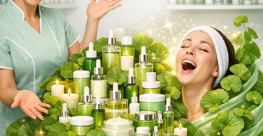 Close-up of green Centella Asiatica leaves and professional skincare bottles for post-procedure soothing in a spa setting