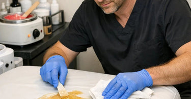 A clean vinyl treatment table with professional wax remover and soft cloths, demonstrating proper hybrid wax spill cleanup for salons and spas.