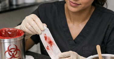 Proper disposal of blood-contaminated waxing strips in a salon setting with gloves and biohazard bag