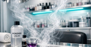 A modern, well-organized nail station with a built-in source capture ventilation system, showing a technician working safely in a clean, bright salon environment