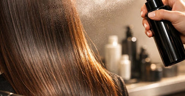 A professional stylist applying a thermal protectant spray to a client's hair before using a hot styling tool in a modern salon