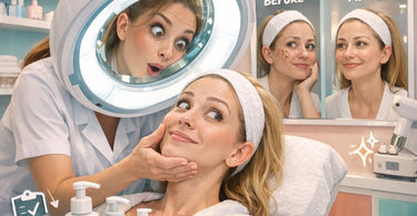 A close-up image showing a skincare professional's hands gently applying a brightening serum to a client's cheek, focusing on an area of post-inflammatory hyperpigmentation.