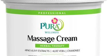 Pura Wellness Herbal Therapy Massage Cream 4 oz jar displayed with botanicals like chamomile and arnica for professional massage therapy at Pure Spa Direct.