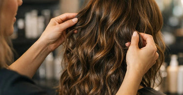 A hairstylist carefully analyzing and feeling a client's hair texture during a consultation before a cut.