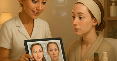 Aesthetician performing a facial treatment on a client with visible steam and glowing skin, representing realistic facial results