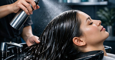 A stylist applying a leave-in hair treatment to a client's hair in a modern, sustainable salon setting, showcasing no-rinse hair care alternatives.