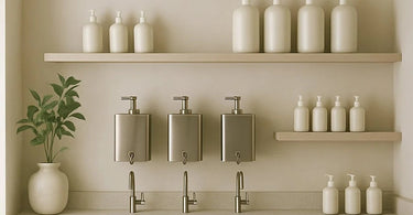 Modern spa refill station with various dispensers for lotions, oils, and scrubs in a clean, organized setting