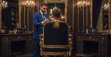 Albert Classic Barber Chair in a modern salon setting, showcasing its luxurious leather upholstery and polished chrome base