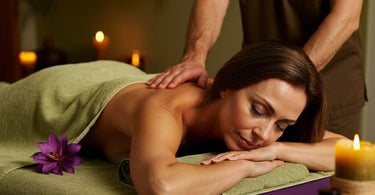 A calming massage setup with oils and warm towels