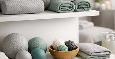 Collection of self-care tools including foam rollers, massage balls, and a heat wrap displayed on a spa table for retail