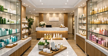 A modern, well-lit glass retail display case in a spa or salon, filled with attractive skincare and beauty products, demonstrating effective merchandising.