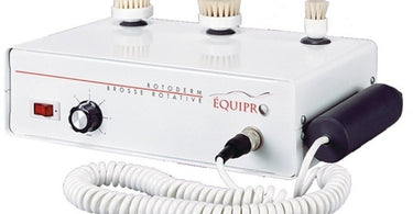 The Equipro Rotoderm Rotary Facial Brush Machine with its three brush heads, a compact and essential tool for professional estheticians.