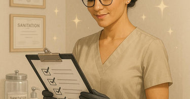 Spa professional reviewing compliance documents with license visible