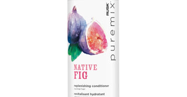 Rusk PUREMIX Native Fig Replenishing Conditioner 12 oz bottle on a minimalist stone background, showcasing professional salon hair care packaging.