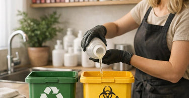 Safe disposal of salon chemicals including hair color, developer, and perm bottles in a professional spa setting