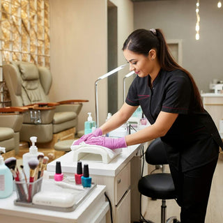 Salon technician cleaning a station with medical-grade disinfectants