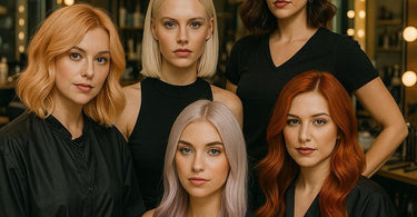 Trendy salon hair colors showcasing this season's hottest shades including cherry cola red, frosted apricot, and midnight sapphire
