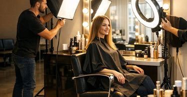 Salon lighting setup for before and after photos with ring light and professional equipment