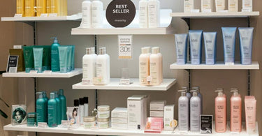 Salon retail display with beauty products.