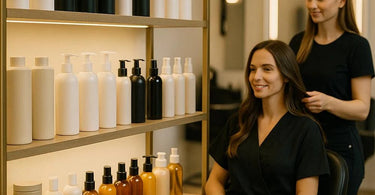 Salon professional styling client's hair with premium wholesale hair products