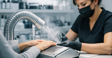 A modern, well-ventilated nail salon with a sleek ventilation arm positioned near a client's hand during a manicure, ensuring clean air, odor control, and dust collection for ultimate client comfort.