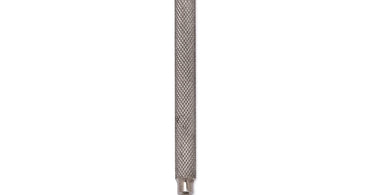 Close-up photo of the Satin Edge Cuticle Pusher and Pterygium Remover tool on a clean spa towel, showing its stainless steel construction and dual-ended design.