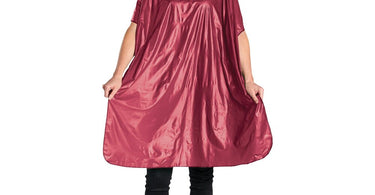 Scalpmaster Vinyl Shampoo Cape in burgundy color laid out flat showing full size and tie string closure