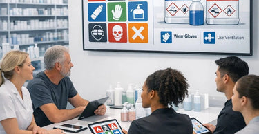 A diverse team of spa and salon professionals in a modern treatment room, engaged in a friendly group discussion looking at a tablet, symbolizing active SDS literacy and teamwork, with professional products visible in the background