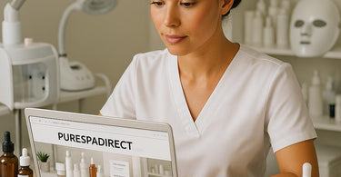 Esthetician organizing wholesale skincare supplies in modern spa