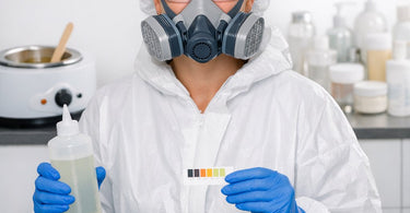 Protective gear for chemical service techs including gloves, goggles, and mask displayed on a salon counter