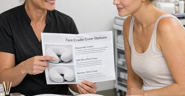 Soft white terry cloth face cradle cover on a massage table headrest for sensitive skin clients in a professional spa setting