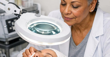 Professional selecting the best magnifying lamp diopter for precision work at a salon station with esthetician tools and skincare products