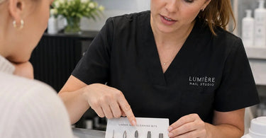 A professional e-file with various nail drill bits laid out on a clean manicure table, highlighting the correct cone and flame shaped bits for under-nail cleaning.