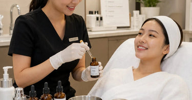 Spa professional selecting the correct Vitamin C serum concentration for a brightening facial treatment, featuring various skincare bottles and professional equipment.