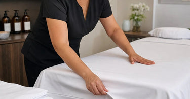 Stack of white spa massage sheets and towels neatly arranged on a wooden shelf