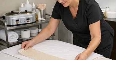 Close up comparison of different fabric wax strip textures including non-woven, spun lace, and fabric weaves for professional thick hair removal