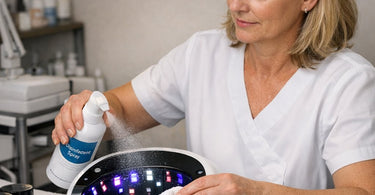 LED nail lamp curing a specialized builder gel on a client at a professional nail salon.